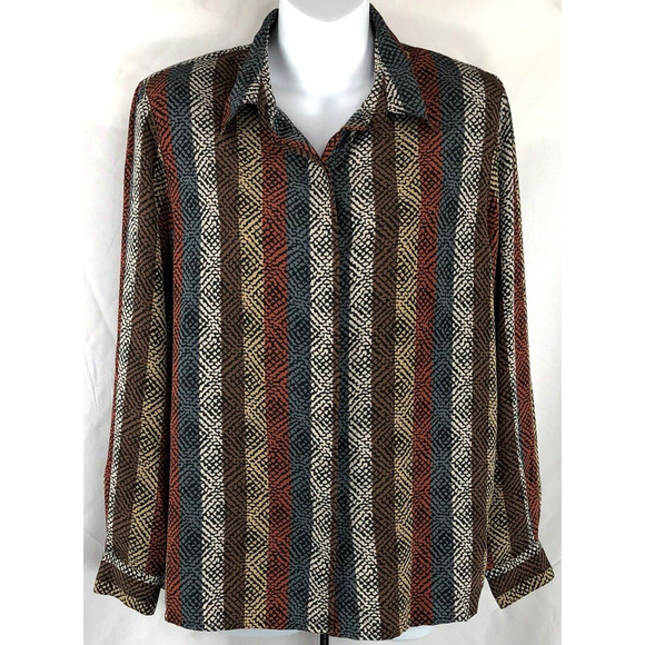 Vintage Alfred Dunner silky top 12 multi Geo button up LongSleeve collar Career - Picture 1 of 5